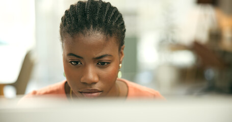 Black woman, computer and thinking for office job, employee and working for copywriter career....