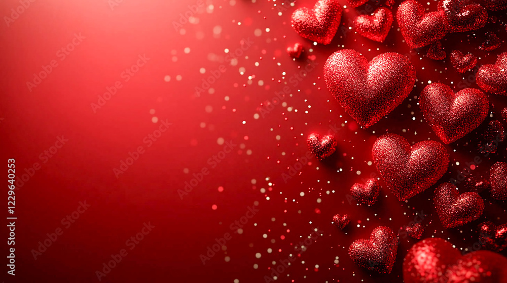 Poster festive background with red shiny hearts of different sizes scattered on a red background with white