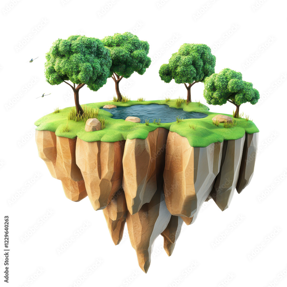Aufkleber a surreal floating island with lush trees and a tranquil pond surrounded by cliffs., isolated on a t