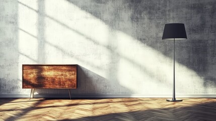 empty room with a parquet floor and white walls, featuring a classic lamp and wooden sideboard. Bright sunlight streams through the window, casting shadows and creating a serene and clean atmosphere.