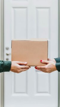 Package delivery at a white front door, showcasing a handoff between two individuals in an urban setting. Ideal for Social Media, Stories
