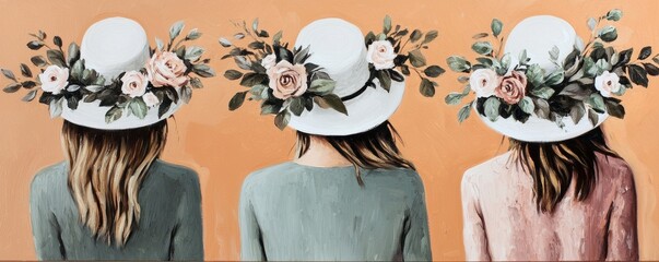 Three Women in Elegant Flower Hats Back View Pastel Color Palette Artistic Painting