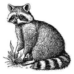 Fototapeta premium Woodcut illustration of a raccoon. Vintage grunge vector design element for artworks, poster, cards, web and collages.