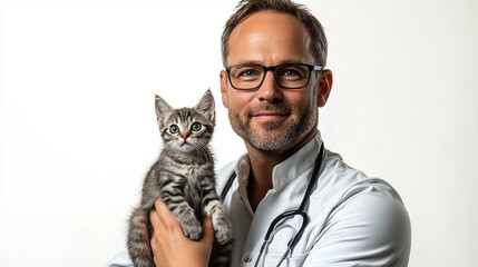 Portrait of a veterinarian holding a small striped kitten.