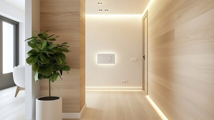 Modern Minimalist Hallway Interior Design with Wood Walls and Integrated Lighting