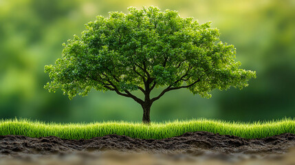 Obraz premium A lone tree with dense green foliage against a blurry green landscape. There is a strip of fresh green grass in front of the tree, and a layer of dark earth is visible under the grass.