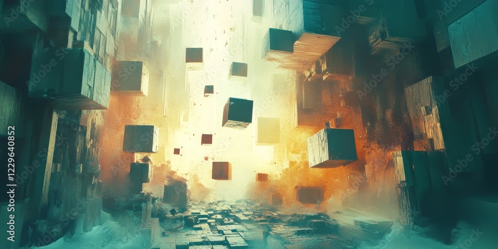 Poster a stunning surreal abstract landscape featuring floating cubes illuminated by bright light. the imag
