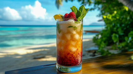 A refreshing cocktail set on a wooden table against the backdrop of a tropical beach. The cocktail is in a low glass and contains ice, and is decorated with mint and a slice of melon.