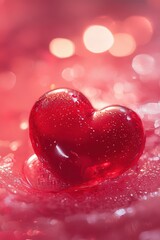Obraz premium Red heart shape on sparkling pink background, symbolizing love and romance, perfect for Valentineâ€™s Day, weddings, or emotional expressions in photography and design.