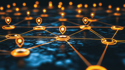Global Network Connection:  A mesmerizing abstract representation of a global network, glowing location markers interconnected by luminous lines on a dark, textured surface.