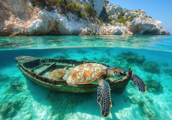 Obraz premium Majestic Sea Turtle Resting on an Old Boat in Crystal Clear Tropical Water Near Rocky Cliffs Under Bright Sunlight in a Serene Seascape