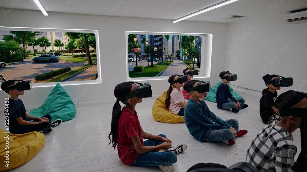Poster children engage in futuristic vr experience with holograms and vfx in a modern learning space