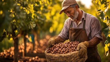 Farmers practicing sustainable farming methods for a diverse harvest of nuts, olives, and pumpkins during golden hour
