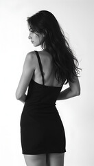 Fototapeta premium A monochrome image of a woman from behind, showcasing her long hair and a simple black mini dress. The pose is elegant, emphasizing the back and dress.