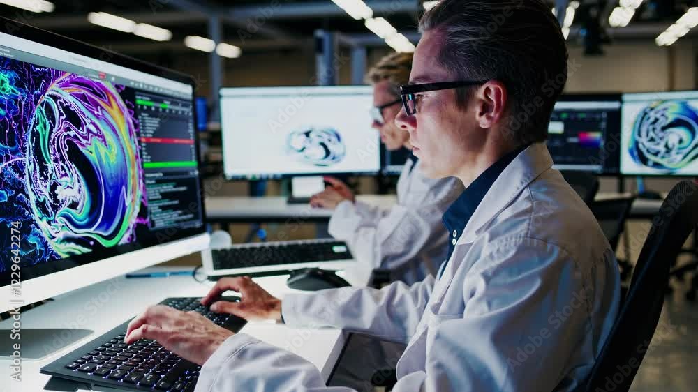 Poster scientists analyze data using advanced technology in a modern laboratory setting