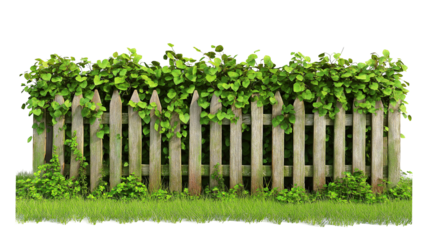 Wooden picket fence surrounded by lush greenery nature scene, on transparent background