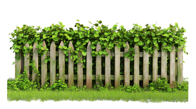 Wooden picket fence surrounded by lush greenery nature scene, on transparent background