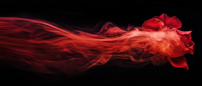Red rose dissolving into vibrant smoke against black background, symbolizing love, passion, and transformation in artistic expressions and abstract designs.