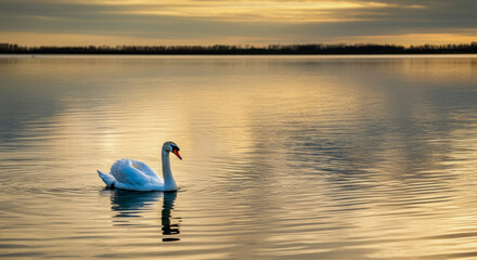 Fototapeta premium Elegant swan gliding across calm water at sunset with golden reflections in the background