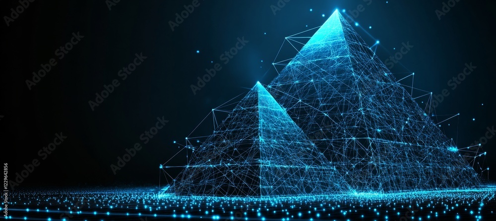 Poster abstract giza pyramids blue wireframe network of lines and dots representing digital innovation