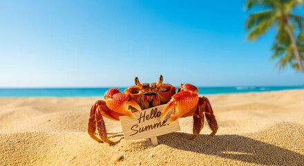 Crab holding sign on sandy beach during summertime with blue ocean in background and palm tree on clear day