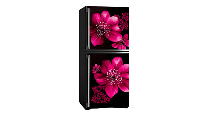 Black refrigerator with pink floral design modern kitchen appliance home decor, on transparent background