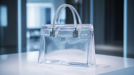 Elegant transparent handbag showcased in a sleek, modern environment with soft lighting highlighting its design.