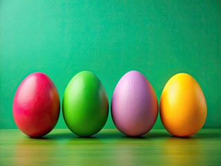 Vibrant Easter eggs pop against a minimal green background, a festive springtime closeup.