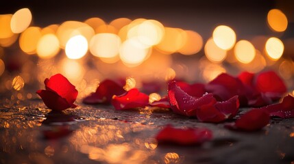 Rose petals scattered on a surface with warm, glowing lights in the background, creating a romantic atmosphere for celebrations or special occasions.