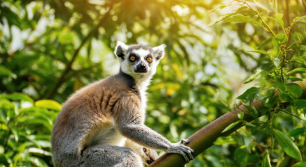 Fototapeta premium Lemur rests on branch in lush greenery during afternoon sunlight in its natural habitat