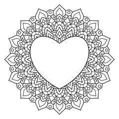 Hand drawn floral mandala design with heart shape, botanical theme. for coloring book page, decoration, card, illustration, wallpaper, sticker, tattoo.