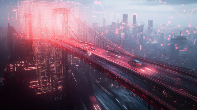 Futuristic city skyline with glowing highways at night full of vibrant lights and digital elements