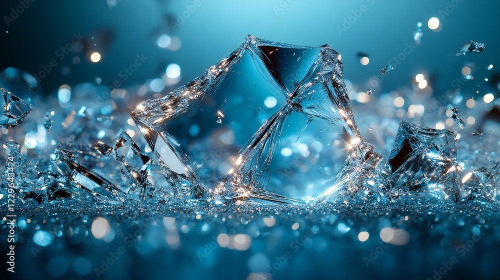 Poster broken glass shards scattered across deep blue background creating a dynamic abstract composition wi
