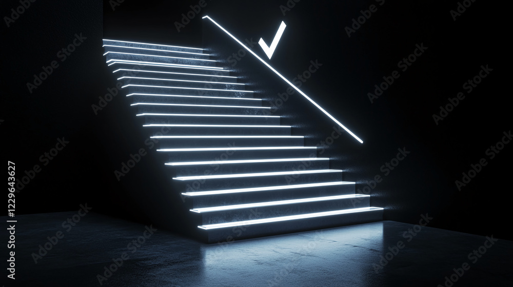 Poster illuminated modern staircase with glowing led lights and a checkmark symbol, representing progress, 