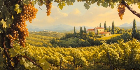 Fototapeta premium Stunning view of a Tuscan vineyard with a traditional villa, surrounded by lush greenery and grapevines under a golden sunset.