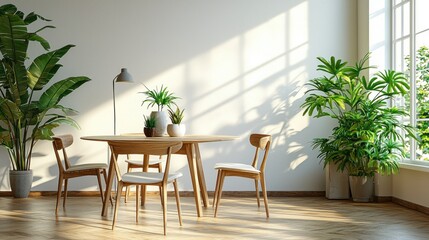Fototapeta premium Sunny dining room with wooden table, chairs, plants, window light