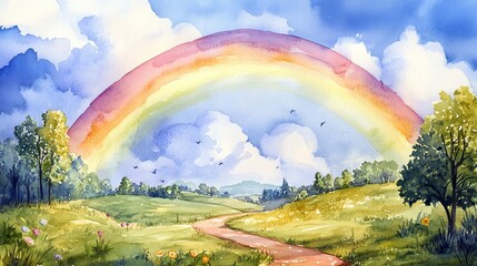 Stunning watercolor painting of a rainbow arching over a peaceful countryside landscape with trees and a winding path.