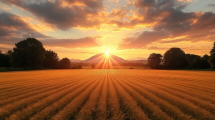 Fototapeta premium A beautiful golden sunset over rolling hills, with a golden wheat field in the foreground and a distant mountain range, creating a warm, tranquil, and scenic landscape.