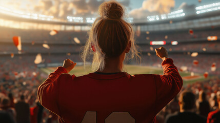 Rear view of a female soccer fan watching football in crowded stadium