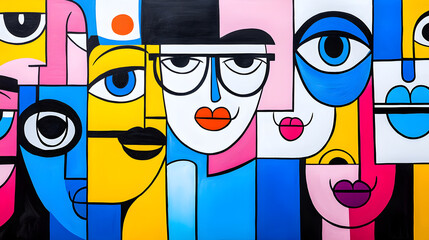 Creative abstract colorful fun faces, geometric cubism portrait. Group of people, community modern trendy art collage 
