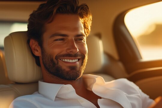 A handsome and respectable businessman is traveling by car, he radiates confidence and success.