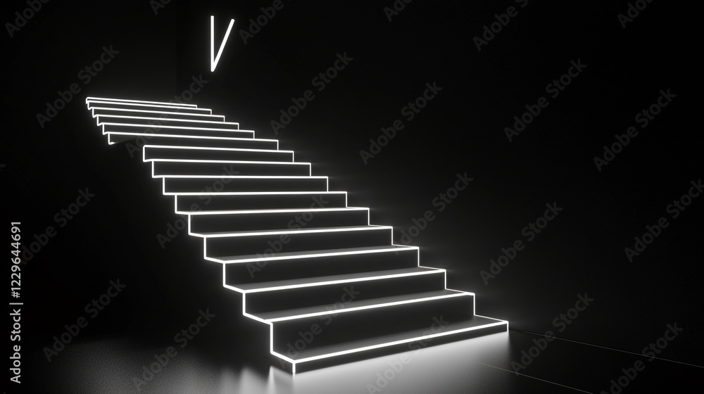 Poster modern illuminated staircase with glowing steps in a dark interior, featuring a sleek checkmark symb