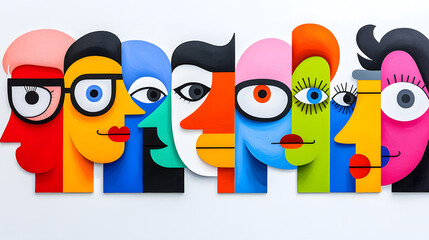 Fototapeta premium Creative abstract colorful fun faces, geometric cubism portrait. Group of people, community modern trendy art collage 