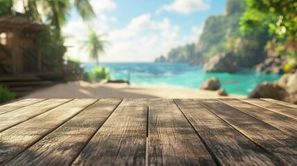 Wooden table top with blurred beach background for product display, 3D rendering. Stock photo with 2/3 space for text. 
