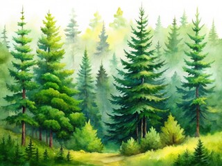 Obraz premium Vibrant watercolor captures a lush green pine forest, set against a pristine white background.