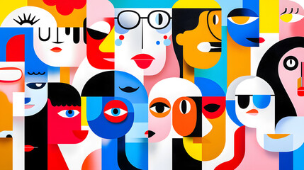 Creative abstract colorful fun faces, geometric cubism portrait. Group of people, community modern trendy art collage 