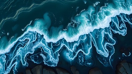 "A mesmerizing aerial view of ocean waves crashing against a rugged, dark rocky shoreline. The water is a deep, dark blue with vibrant teal and white foam creating intricate, swirling patterns...
