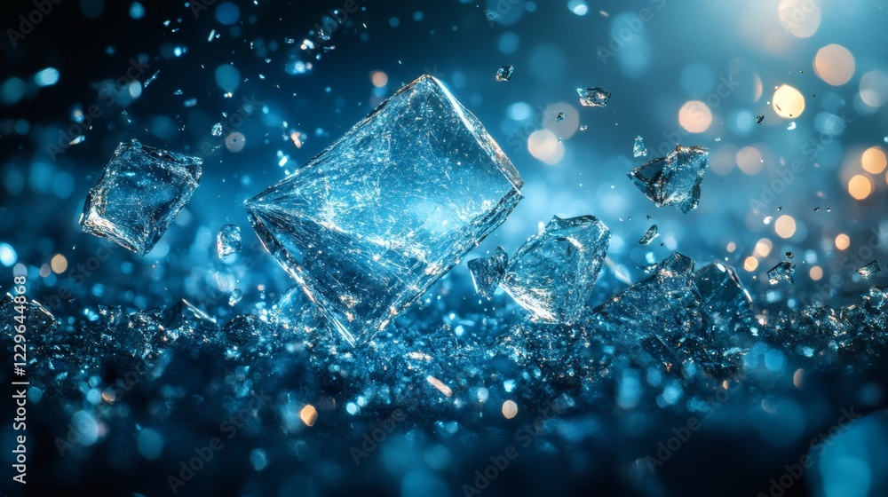 Poster broken glass shards scattered across deep blue background creating a dynamic abstract composition wi