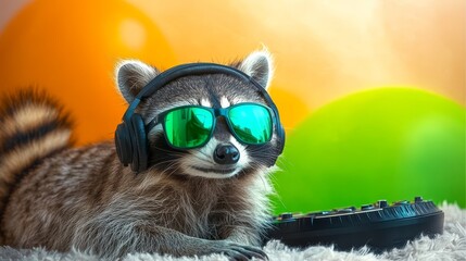 Fototapeta premium Cool Raccoon with Headphones and Sunglasses Enjoys Music at a Vibrant Neon Party with Balloons.