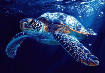 Obraz premium Majestic Sea Turtle Swimming Gracefully Through Clear Ocean Waters Surrounded by Bubbling Air Bubbles and Vibrant Underwater Scenery